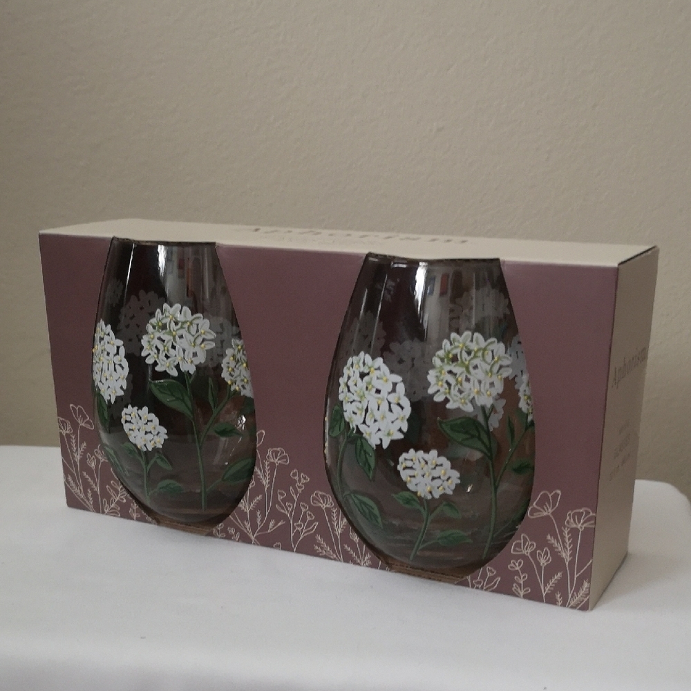 New In Box Set of Two Hand-painted Wine Stemless Glasses By Aphorism 22.5oz